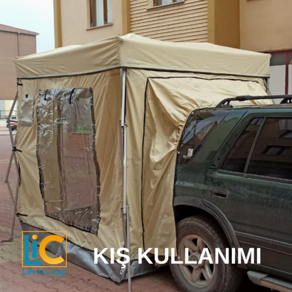 Lic Rear Tents - Araç Arkası Çadır - Bagaj Çadırı - Yaz / Kış Kullanım; Kışın aracınızın arkasına kurulan kamp çadırı, yazında ekstra gölgelik olarak kullanım
